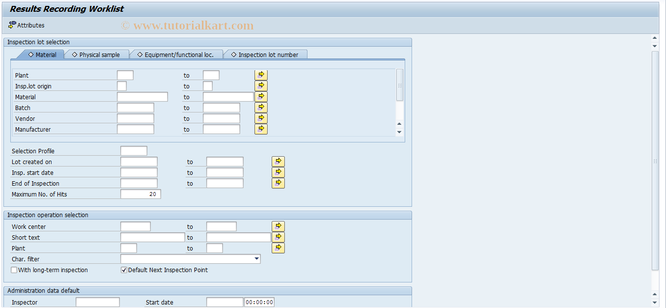 SAP TCode OQI7 - Results Recording Worklist: New