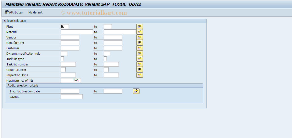 SAP TCode OQIA - Maintain variant: Q-level evaluation