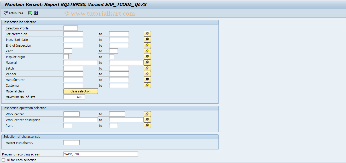 SAP TCode OQIP - Results recording for inspection characteristic 