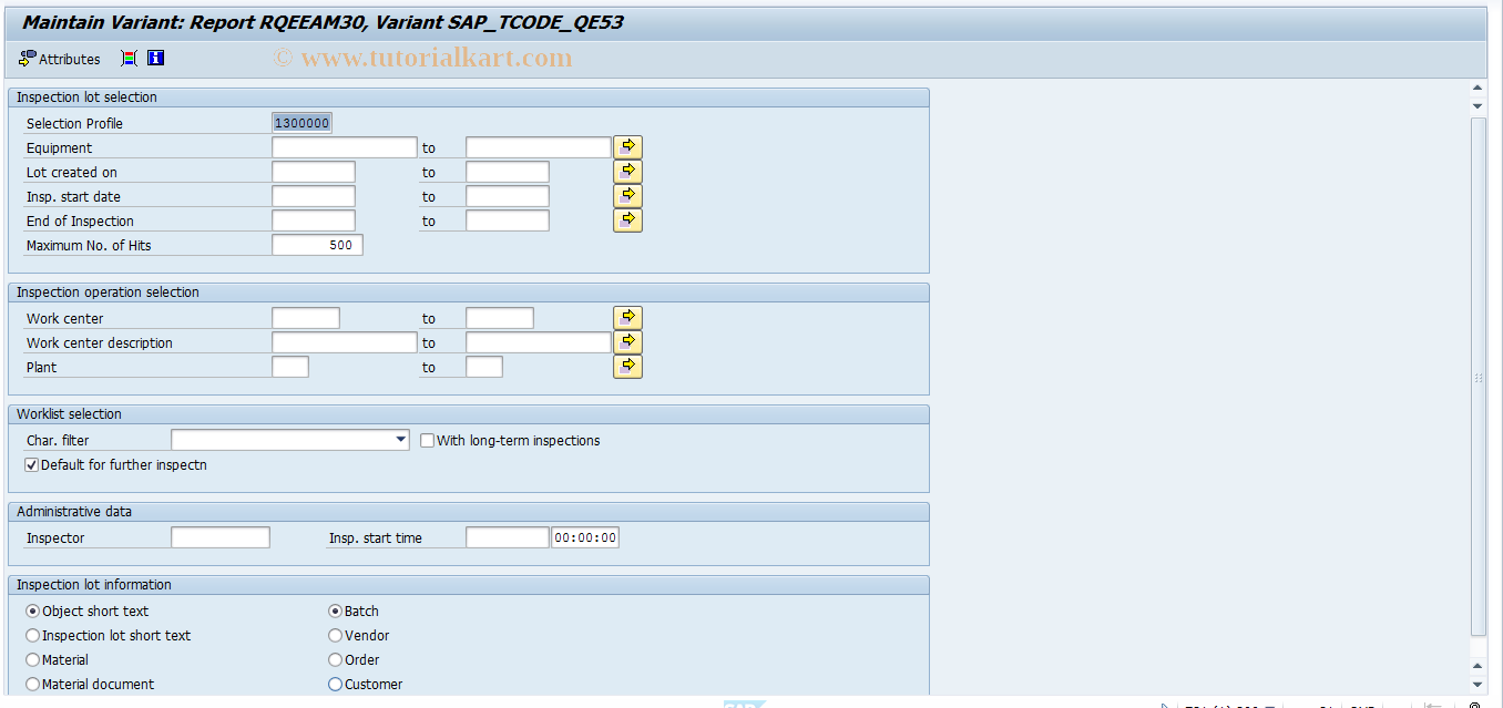 SAP TCode OQIR - Results recording variant for equipment 