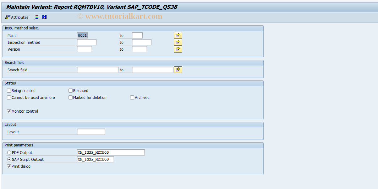 SAP TCode OQIT - Settings for Insp. Method List