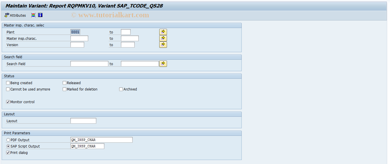 SAP TCode OQIU - Settings for Master Insp. Characteristic List