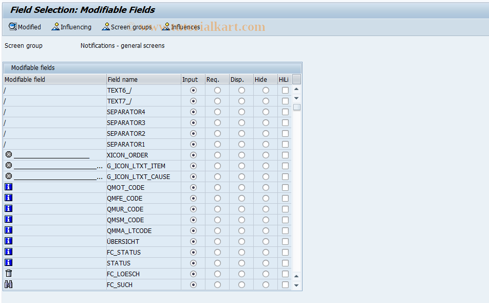 SAP TCode OQM1 - Q-Notification Field Selection: Gen.