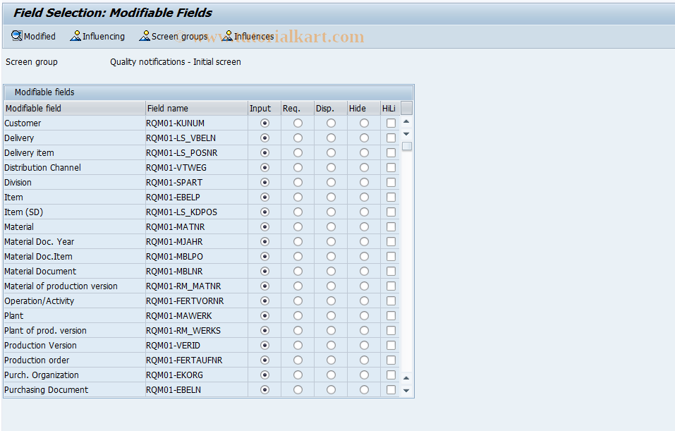 SAP TCode OQM2 - Q-Notif. Field Sel: Initial Screens