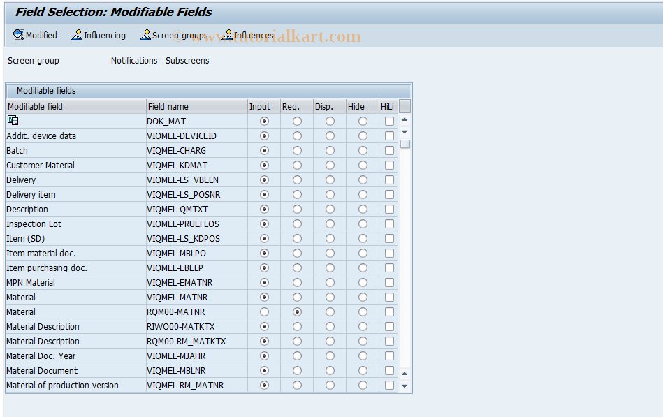 SAP TCode OQM3 - Q-Notif. Field Sel: Reference Objects