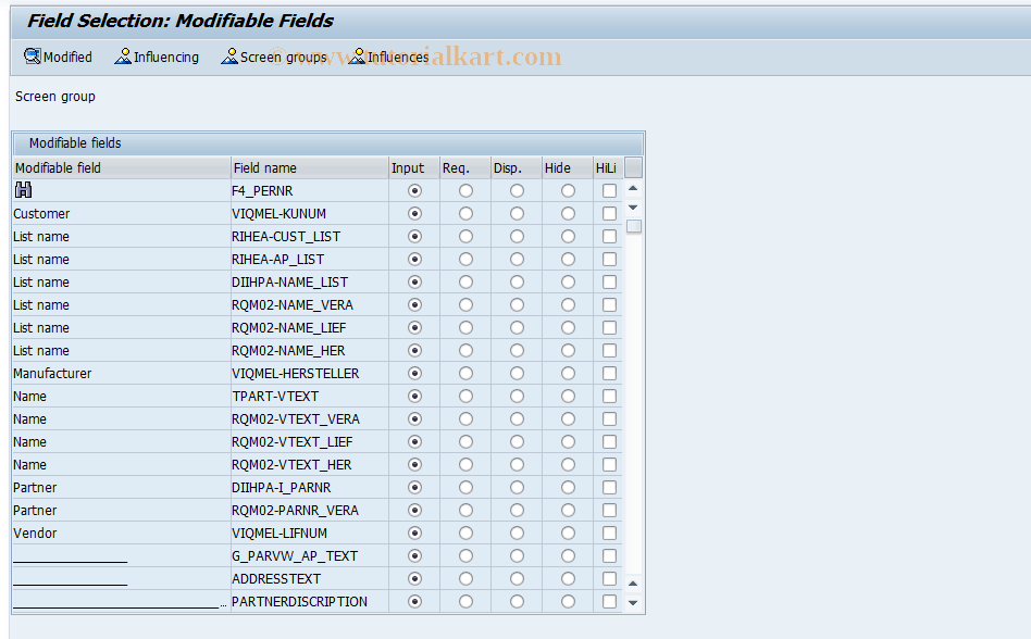 SAP TCode OQM4 - Q-Notif. Field Sel: Partner Screens