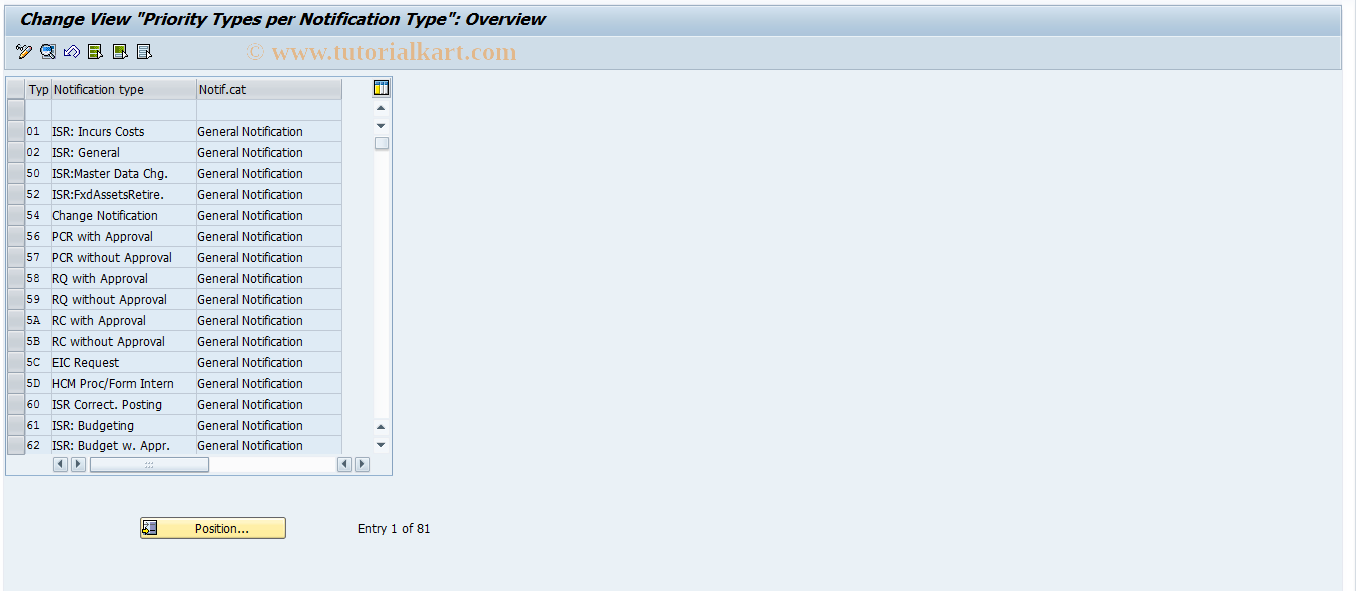 SAP TCode OQN3 - Maintenance prio. types for notif. types