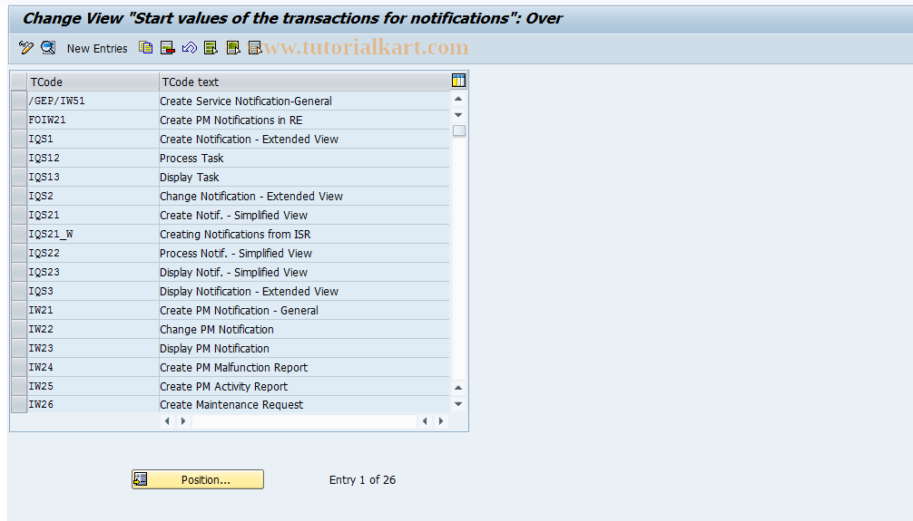SAP TCode OQN7 - Start values - notification
