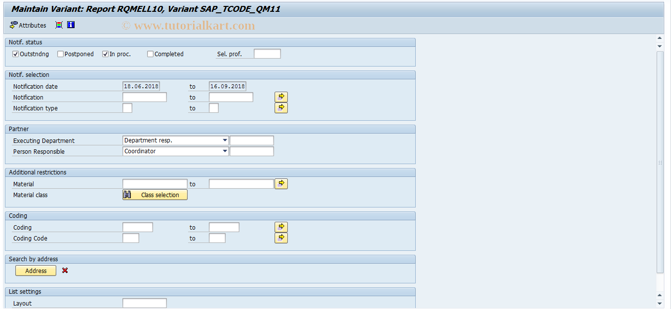 SAP TCode OQNC - Set field selection for notif. list