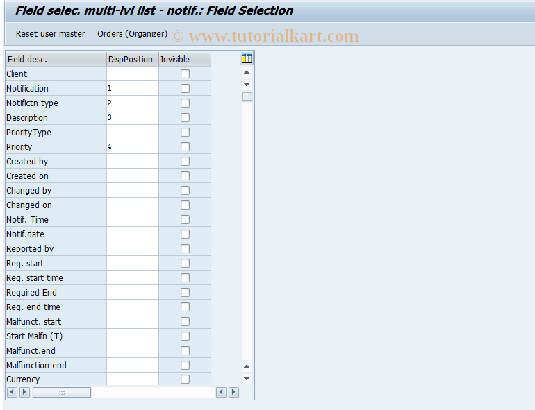 SAP TCode OQNL - Field selec. multi-lvl list - notif.