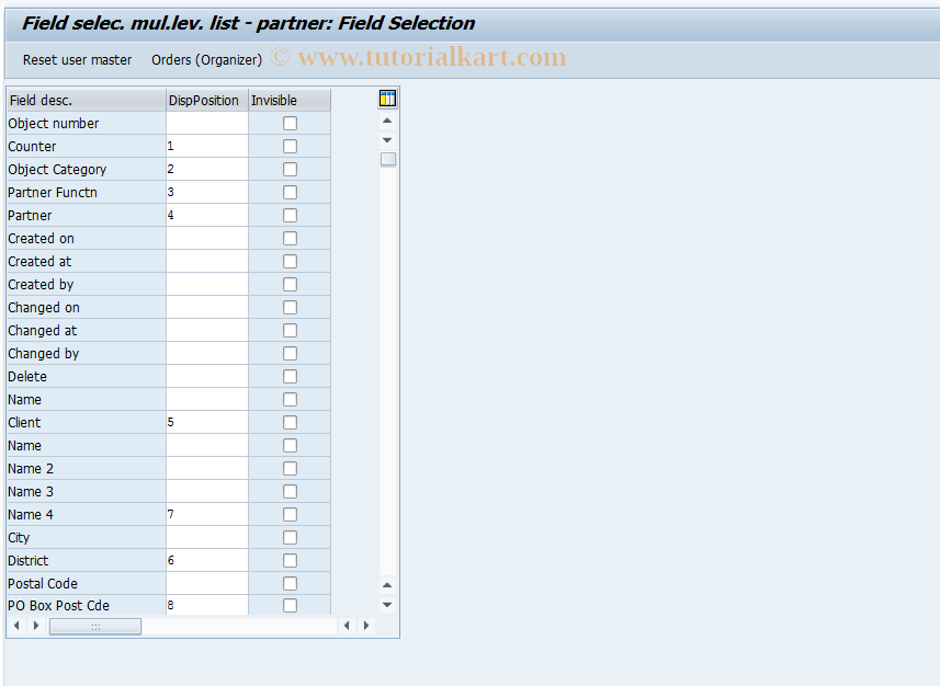 SAP TCode OQNM - Field selec. mul.lev. list - partner