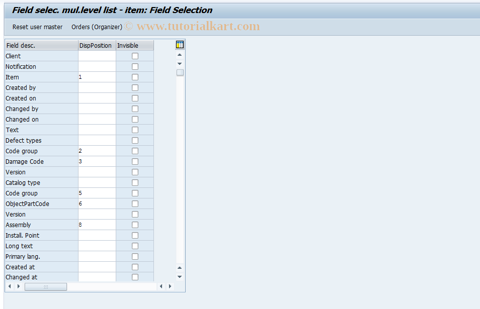 SAP TCode OQNN - Field selec. mul.level list - item