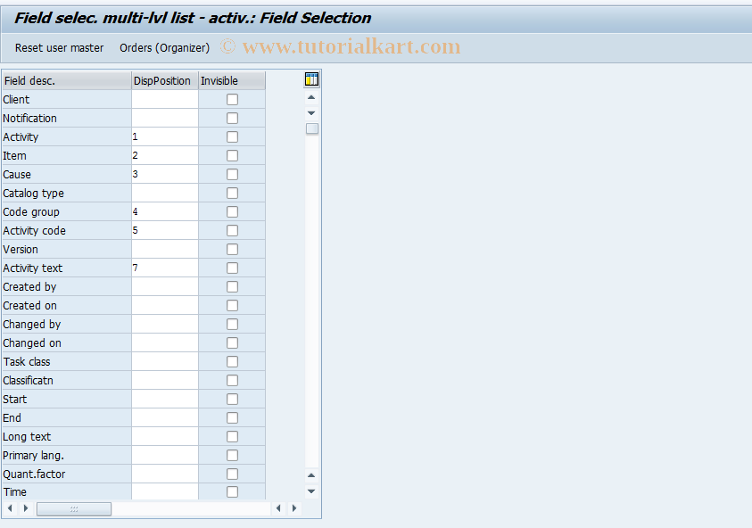 SAP TCode OQNO - Field selec. multi-lvl list - activ.