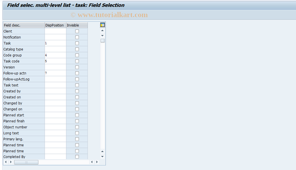 SAP TCode OQNP - Field selec. multi-level list - task