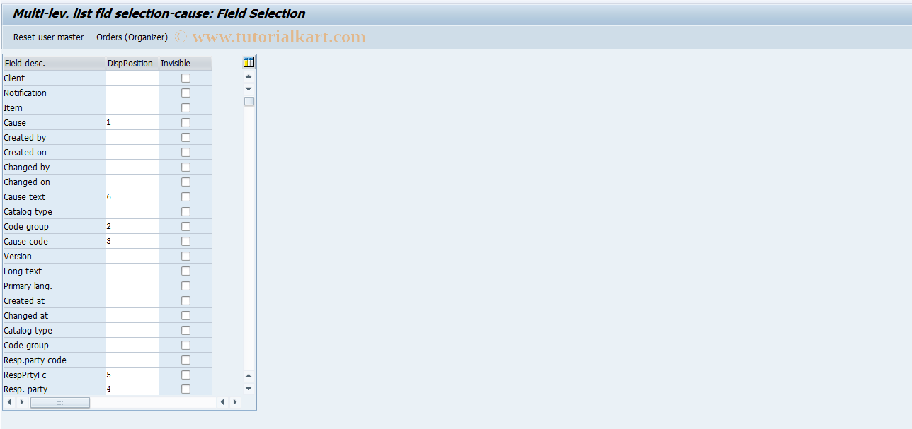 SAP TCode OQNU - Multi-lev. list fld selection-cause