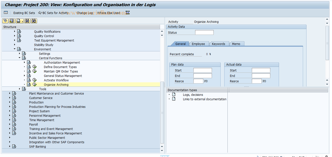 SAP TCode OQR0 - Organize QM Archiving