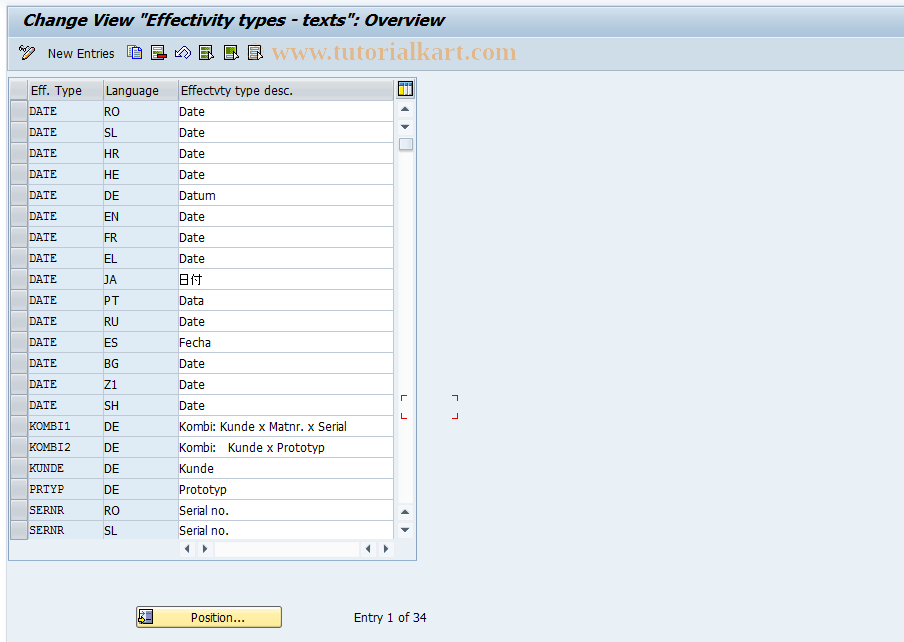 SAP TCode OS65 - Effectivity types - texts