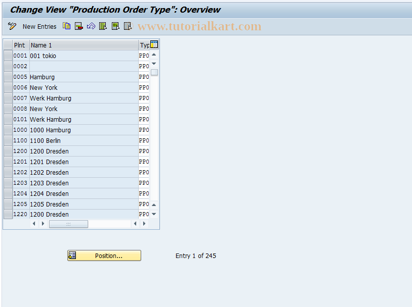 SAP TCode OSPB - Customizing Production Order Type