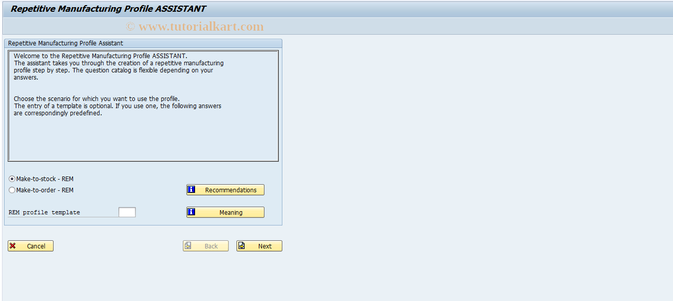 SAP TCode OSPT - Repetitive Mfg Profile Assistant