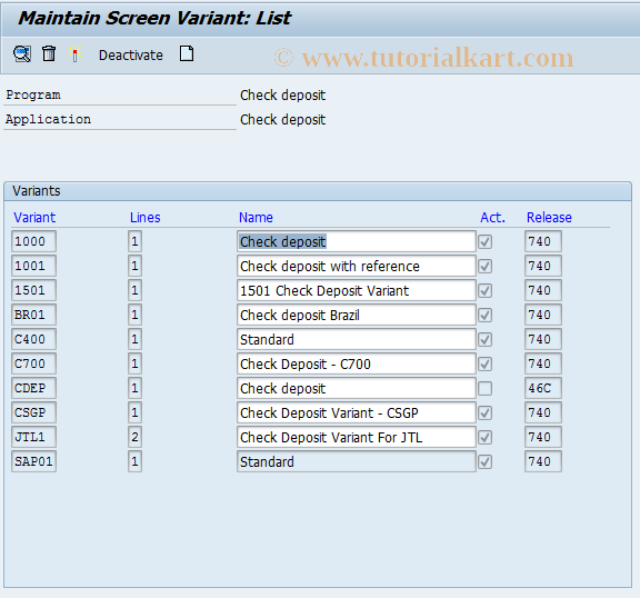 SAP TCode OT45 - C Maintain variants: check deposit