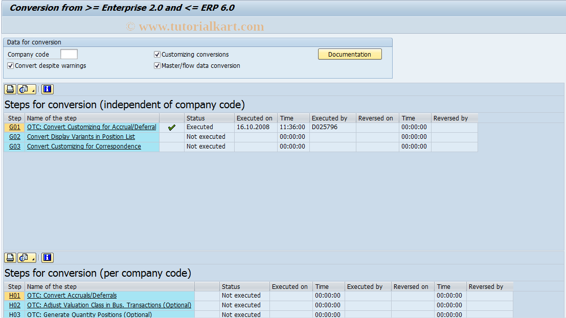 SAP TCode OTC_CONV - CFM 1.0: Migration OTC Int.Rte Inst.
