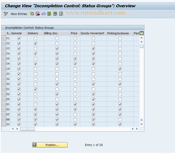 SAP TCode OVA0 - C_RV_Tab. VVVS Status group