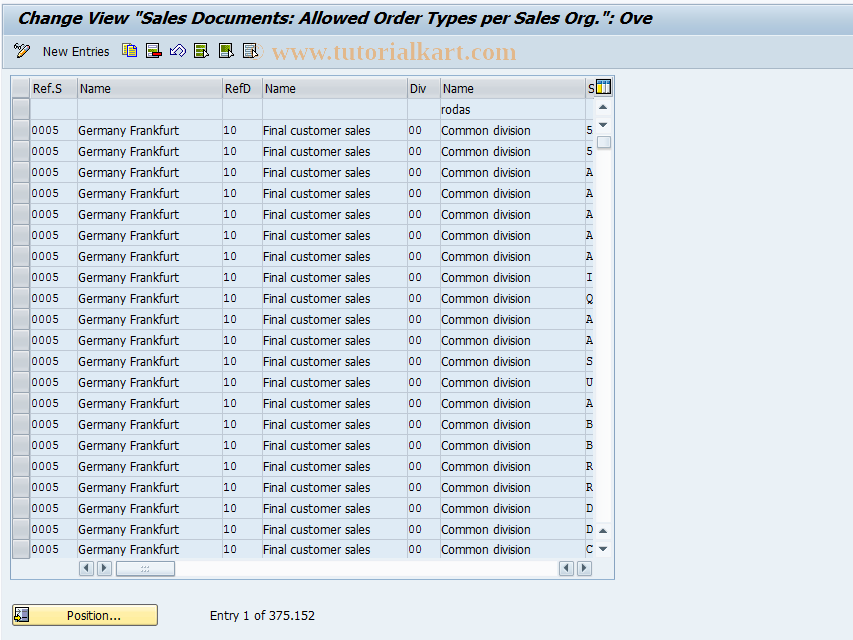 SAP TCode OVAZ - C SD Tab. VAKZ  Order Type/Organiz.