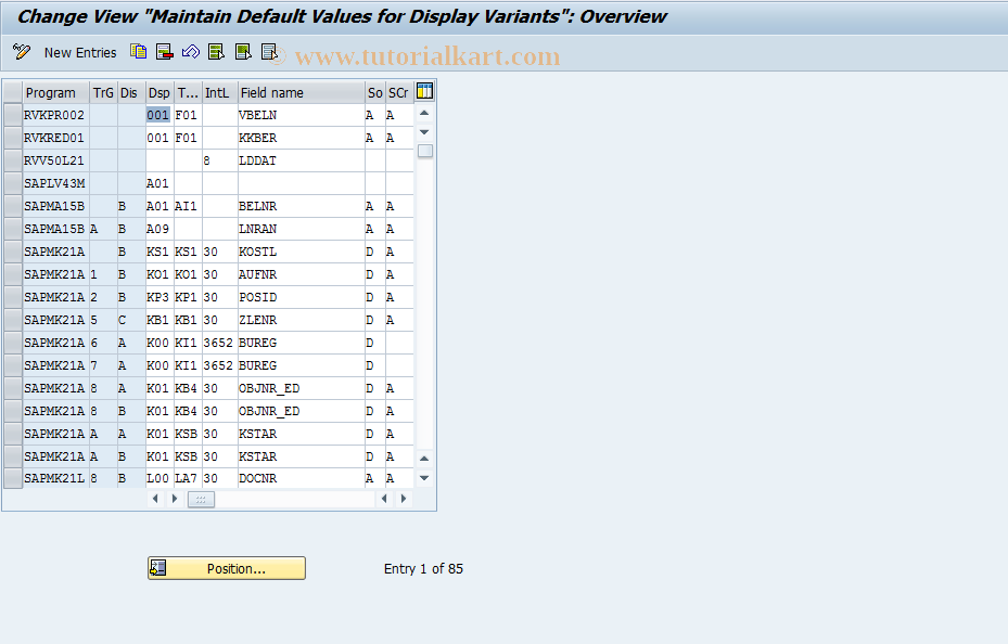 SAP TCode OVBE - Default Values for Display Variant