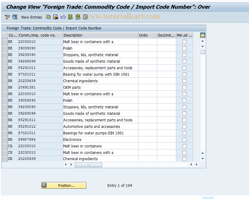SAP TCode OVE1 - Commodity Code / Import code no.