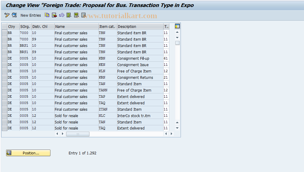 SAP TCode OVE5 - NULLC RV Table T605Z NULLProp. for  business typeNULL