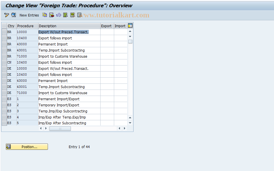SAP TCode OVE6 - NULLC RV Table T616 NULLExp/Import Proced.NULL