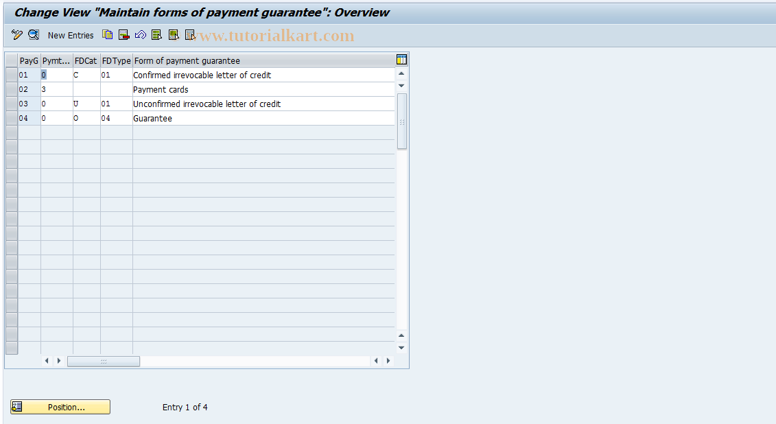 SAP TCode OVFD - Forms of payment guarantee