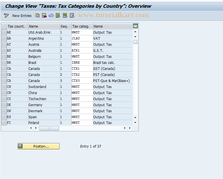 SAP TCode OVK1 - C SD Table V_TST Tax Catg./Country