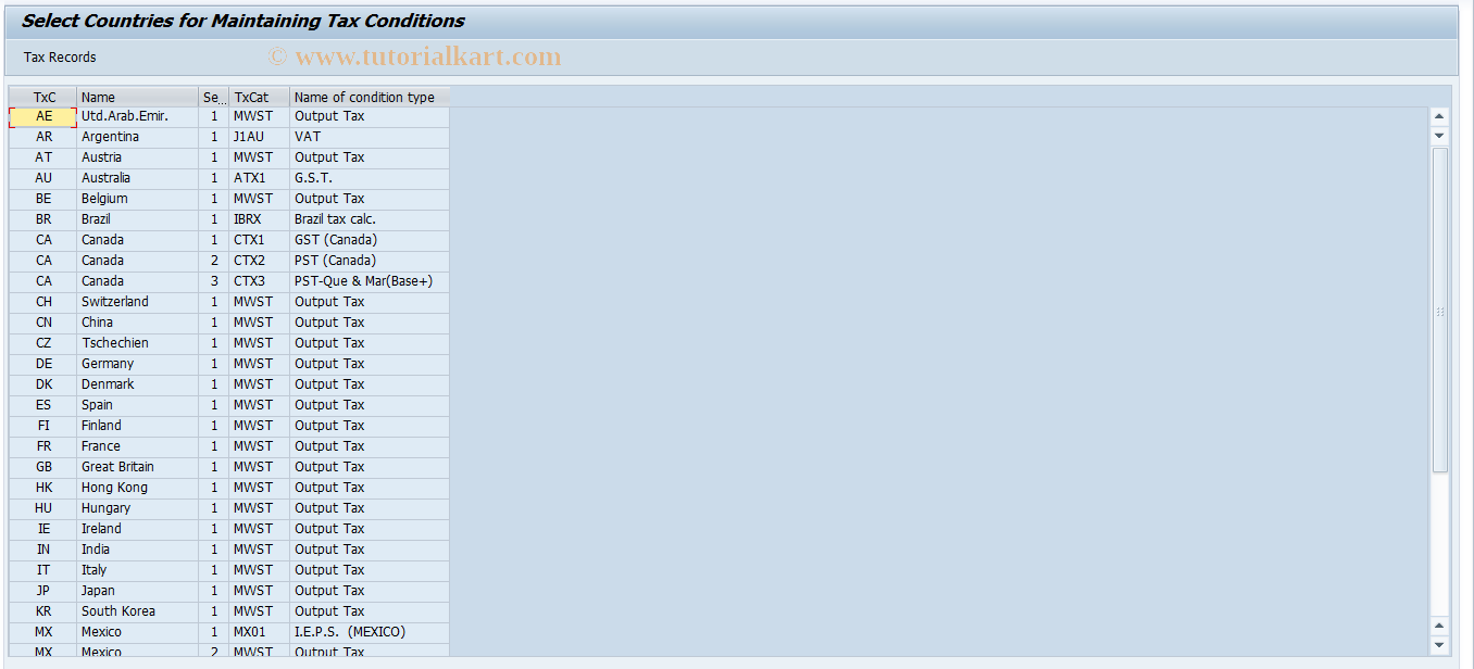 SAP TCode OVKB - Tax Record Conditions VK11