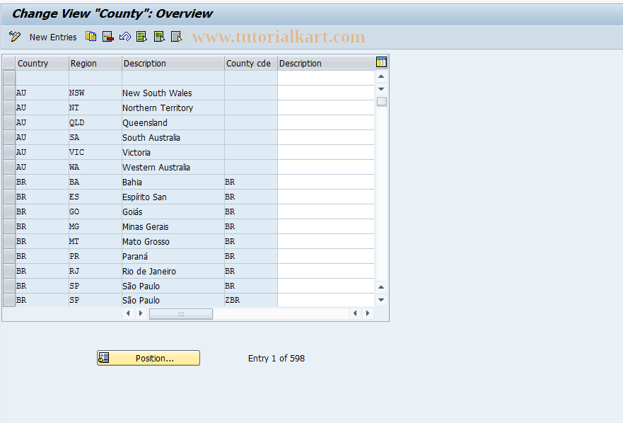 SAP TCode OVKF - C SD Table T005E Ctry/Region/County