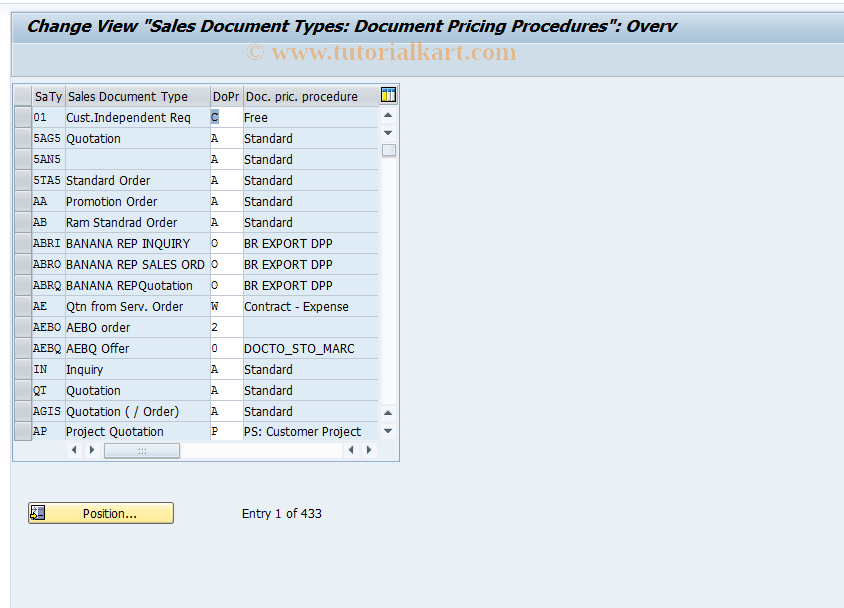 SAP TCode OVKJ - C RV Table V_TVAK_PR Order  > Procd