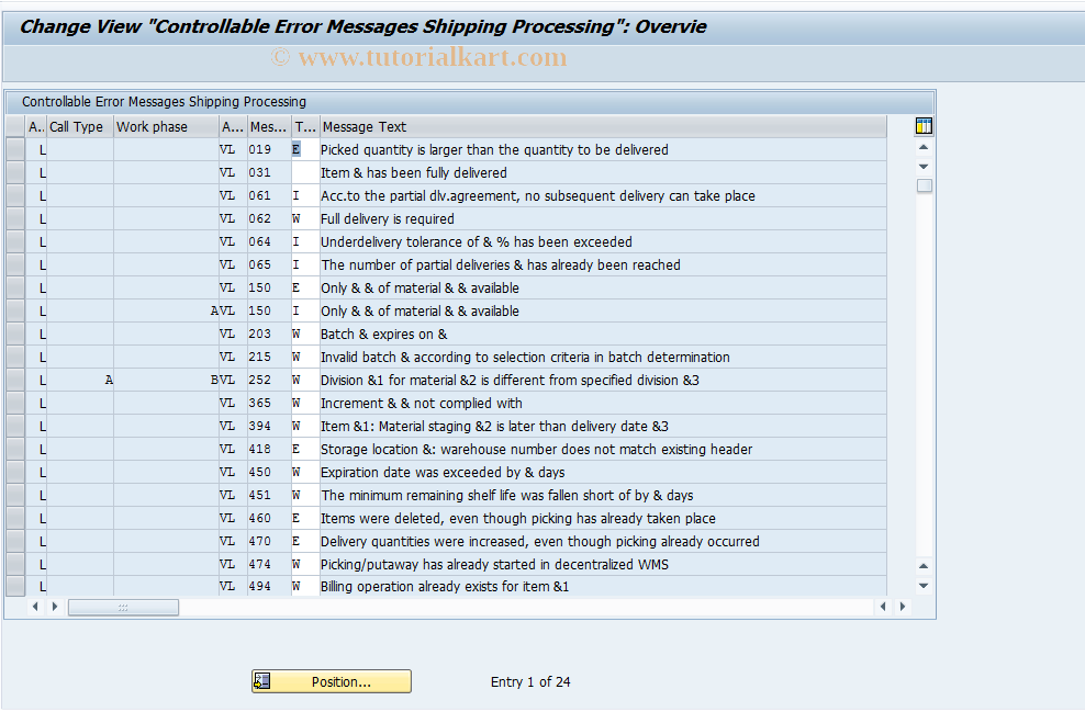 SAP TCode OVM1 - Controllable Error Messages Shipping