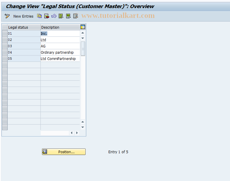 SAP TCode OVR6 - C SD Tab. TVGF Legal Status (Customer )