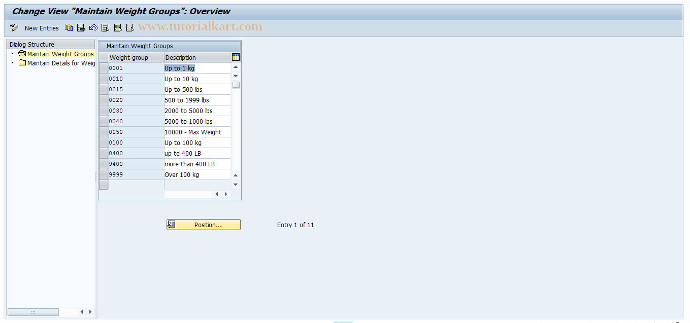 SAP TCode OVS8 - Maintain Weight Groups