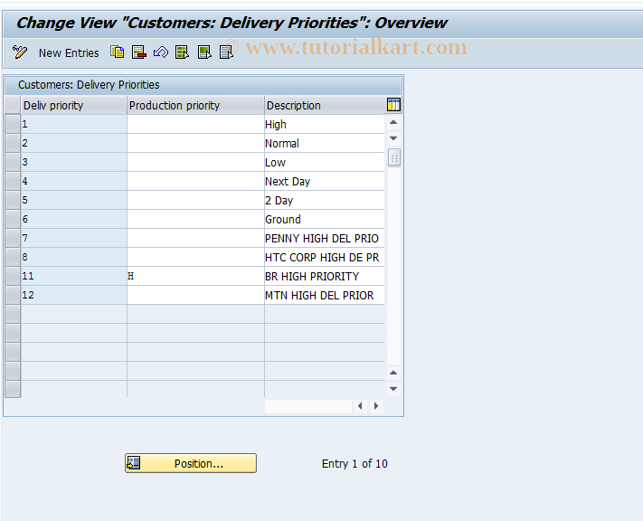 SAP TCode OVSD - C SD Tab.TPRIO Delivery Priorities