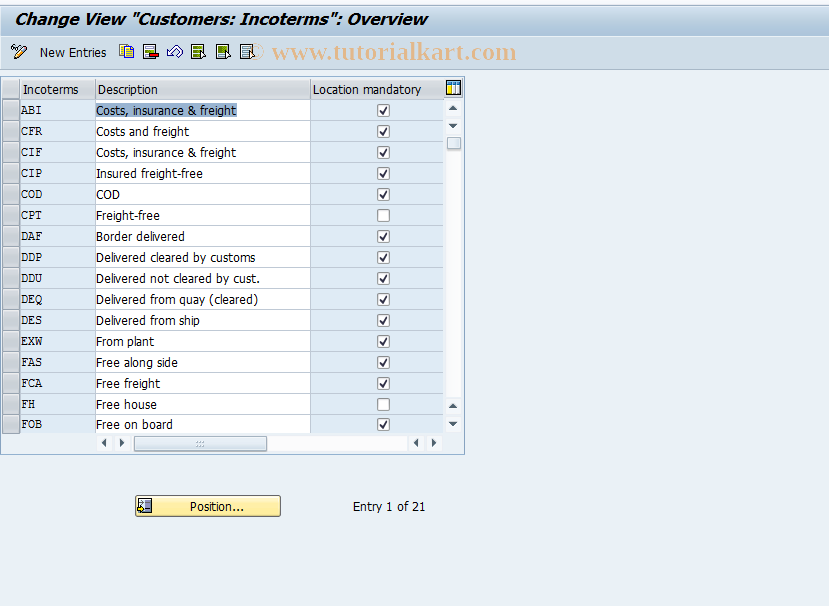 SAP TCode OVSG - C SD Table TINC    Incoterms