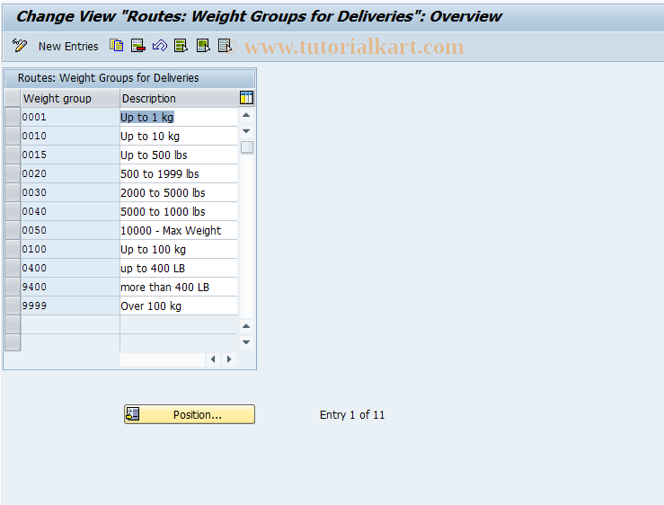 SAP TCode OVST - C SD Table TVLG    Weight Groups