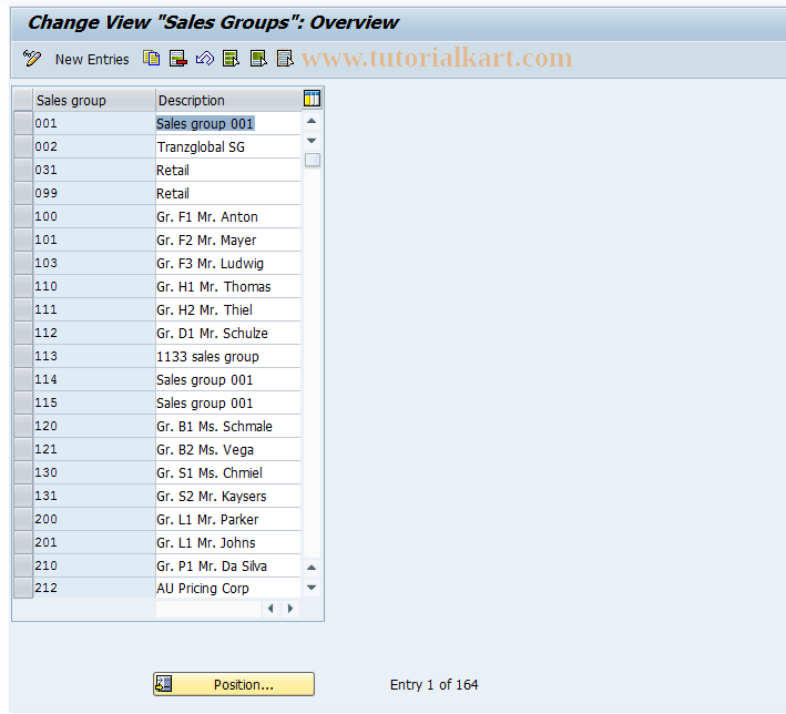 SAP TCode OVX4 - C RV Tab. VKGR     Sales group