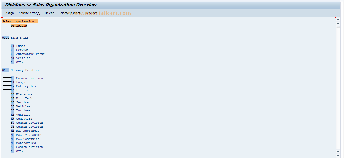 SAP TCode OVXA - Division -> Sales organization