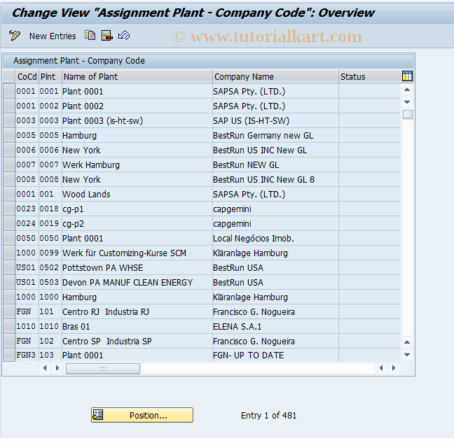 SAP TCode OX18 - Assignment Plants -> Company Code