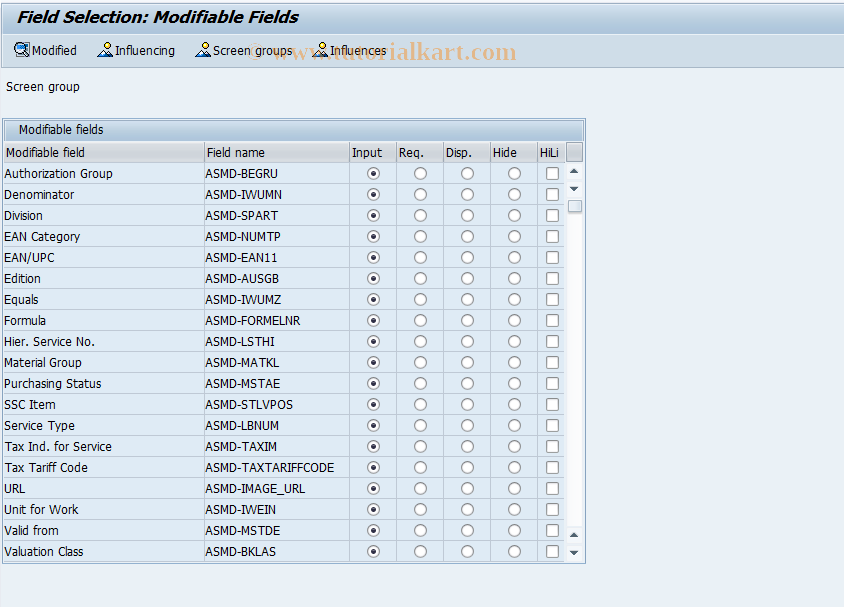 SAP TCode OXA2 - Field Sel. Service  Individual  Processing