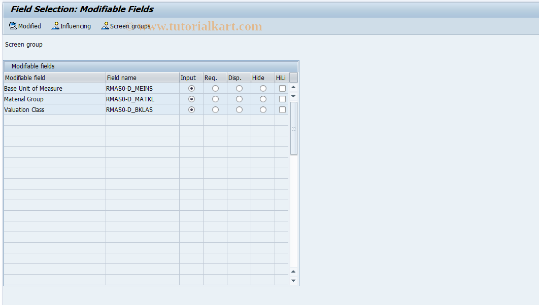 SAP TCode OXA3 - Field Sel. Service List Processing