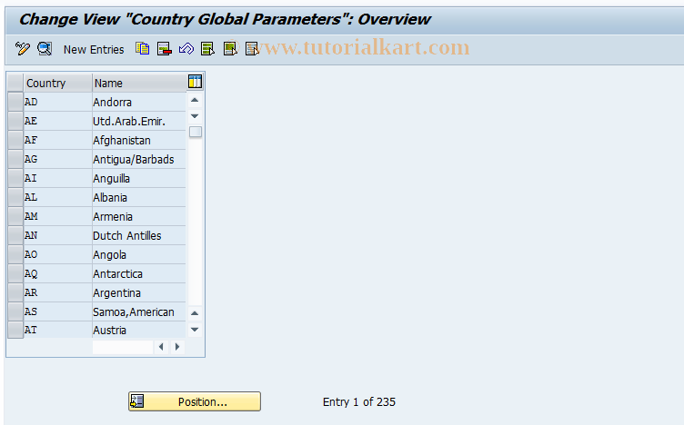 SAP TCode OY01 - Customize: set up countries