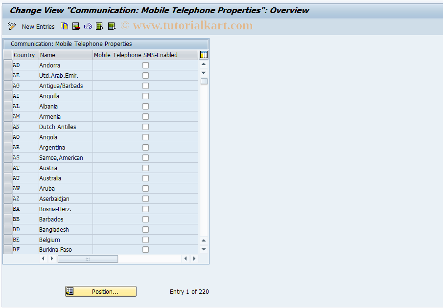 SAP TCode OY09 - Countries: Mobile Phone Properties