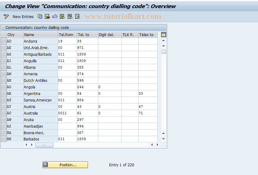 SAP TCode OYC4 - C T005K country dialling code